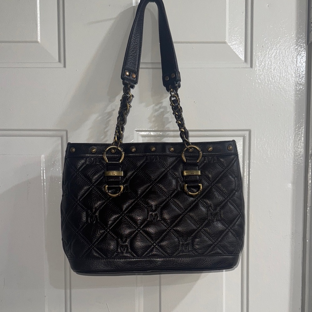 METROCITY ITALY Vintage Elegant Black Quilted Tote with Gold Details